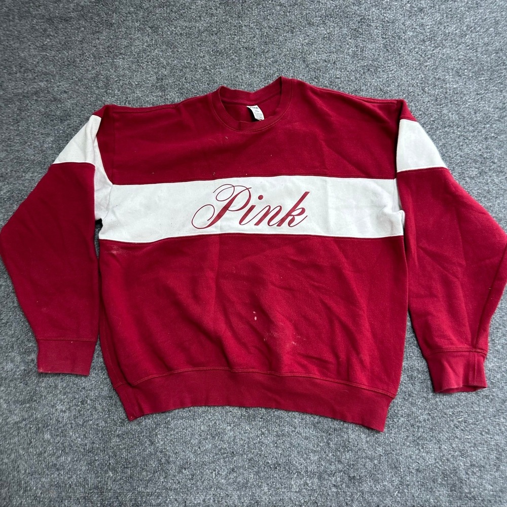 PINK Sweatshirt Womens Size L Red White Colorblock Script Logo Pullover Crewneck